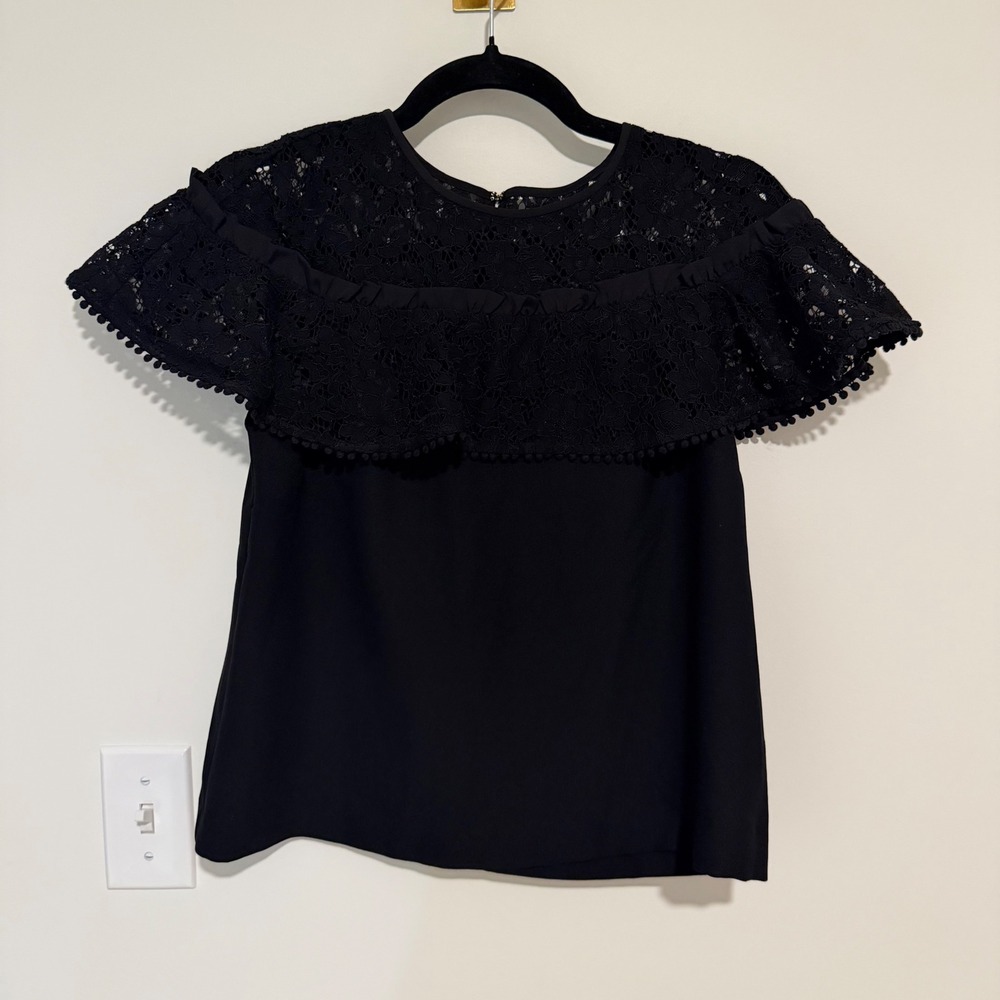 Draper James‎ Black Lace Ruffle Pom Pom Trim Blouse Top Size 2